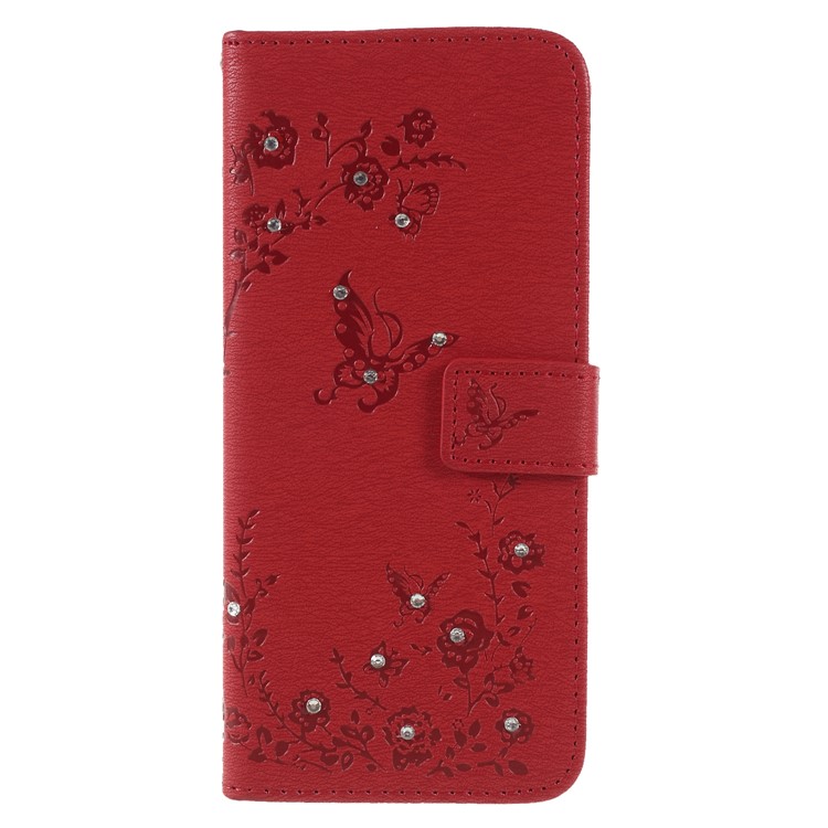 Imprinted Butterfly Flowers Rhinestone Leather Wallet Case for Samsung Galaxy S9+ SM-G965 - Red-3