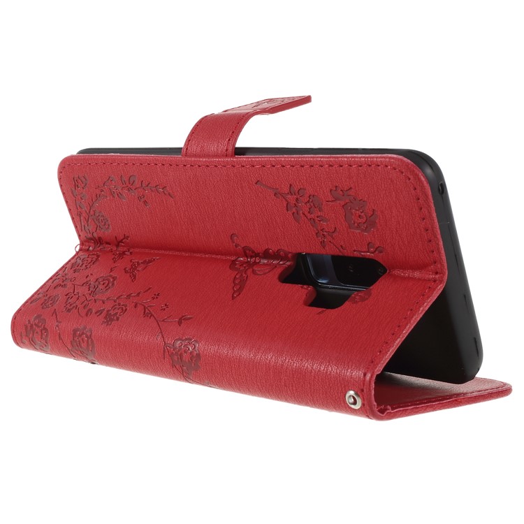 Imprinted Butterfly Flowers Rhinestone Leather Wallet Case for Samsung Galaxy S9+ SM-G965 - Red-5