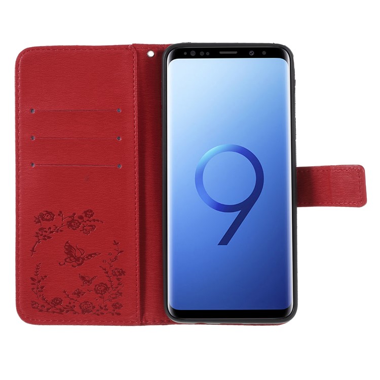 Imprinted Butterfly Flowers Rhinestone Leather Wallet Case for Samsung Galaxy S9+ SM-G965 - Red-6
