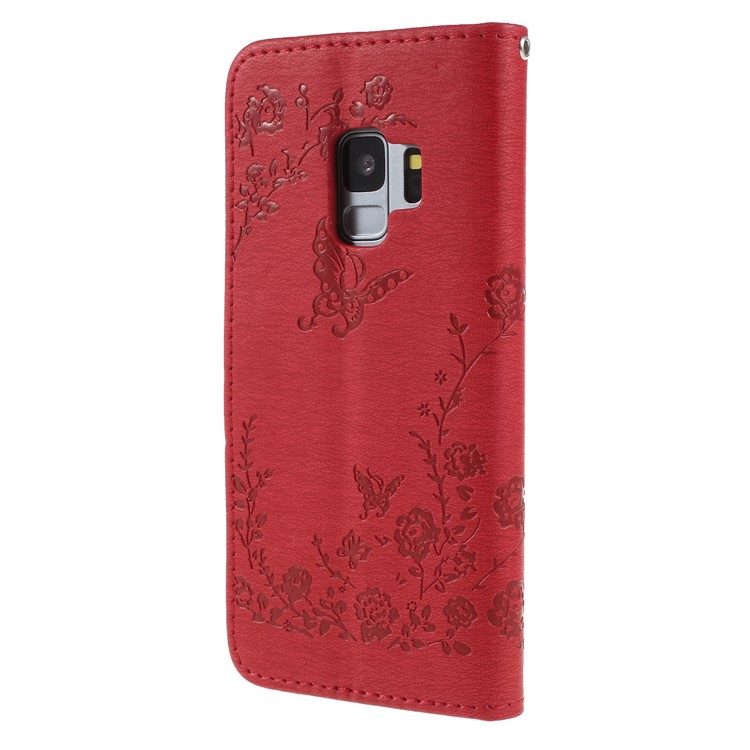 Imprint Butterfly Flower Rhinestone Decor Wallet Leather Case for Samsung Galaxy S9 G960 - Red-2