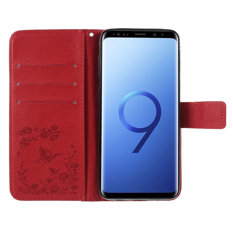 Imprint Butterfly Flower Rhinestone Decor Wallet Leather Case for Samsung Galaxy S9 G960 - Red-6