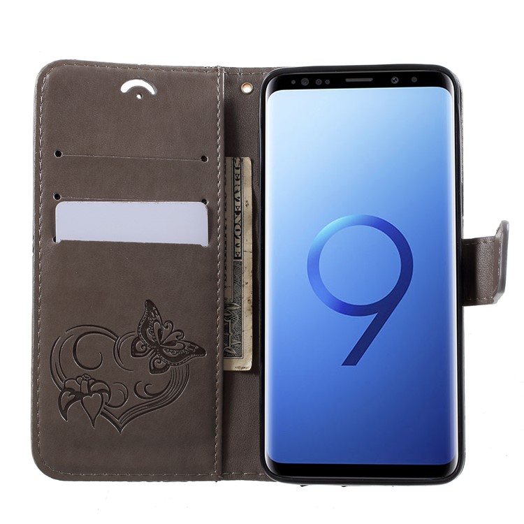 Imprint Butterfly Heart Leather Wallet Case for Samsung Galaxy S9 SM-G960 - Grey-6