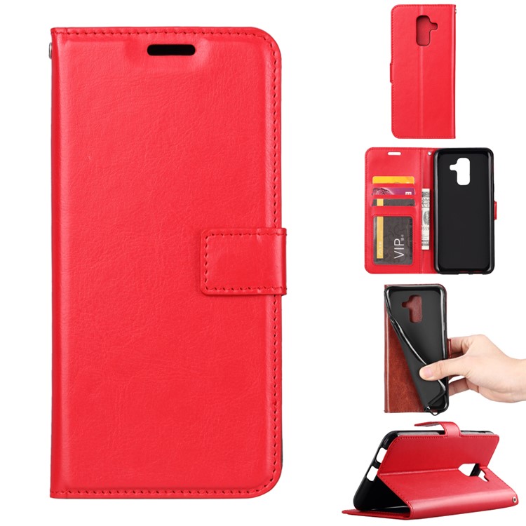 

Crazy Horse Texture Wallet Stand Leather Phone Shell for Samsung Galaxy A6+ (2018)/A9 Star Lite - Red