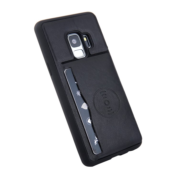 Kickstand Card Holder Leather Coated TPU Case for Samsung Galaxy S9 G960 Built-in Magnetic Sheet - Black-5