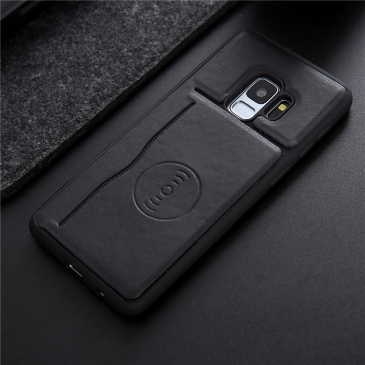 Kickstand Card Holder Leather Coated TPU Case for Samsung Galaxy S9 G960 Built-in Magnetic Sheet - Black-7