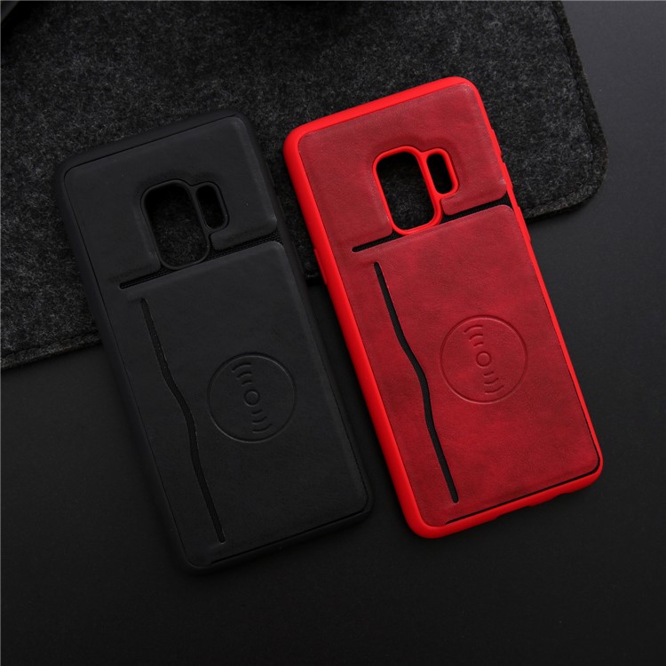 Kickstand Card Holder Leather Coated TPU Case for Samsung Galaxy S9 G960 Built-in Magnetic Sheet - Black-9