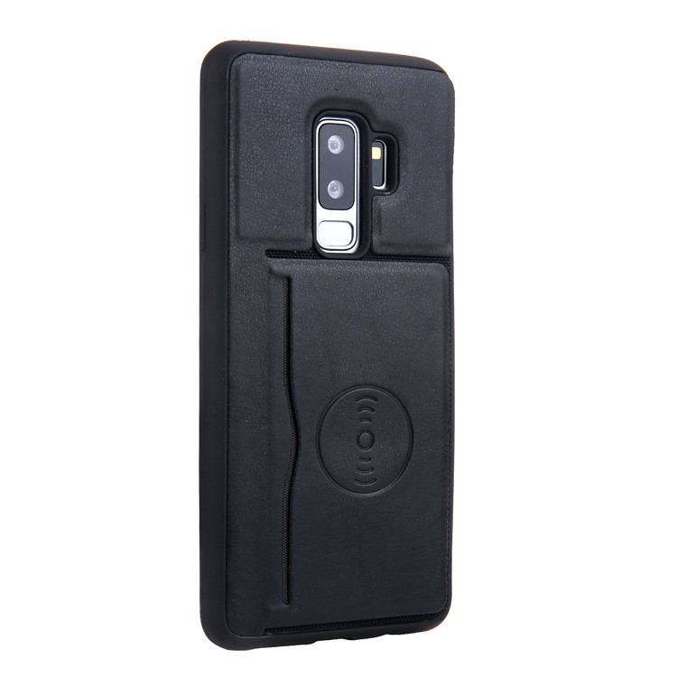 For Samsung Galaxy S9+ G965 Kickstand Card Holder Leather Coated TPU Phone Case Built-in Magnetic Sheet - Black-1