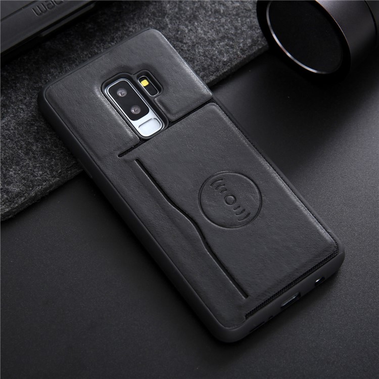 For Samsung Galaxy S9+ G965 Kickstand Card Holder Leather Coated TPU Phone Case Built-in Magnetic Sheet - Black-6