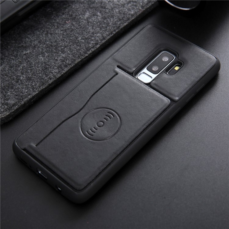 For Samsung Galaxy S9+ G965 Kickstand Card Holder Leather Coated TPU Phone Case Built-in Magnetic Sheet - Black-7