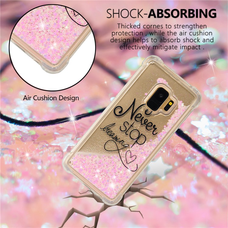 Patterned Liquid Glitter Powder Quicksand Shockproof TPU Back Cellphone Accessory Shell for Samsung Galaxy S9 SM-G960 - Never Stop-4