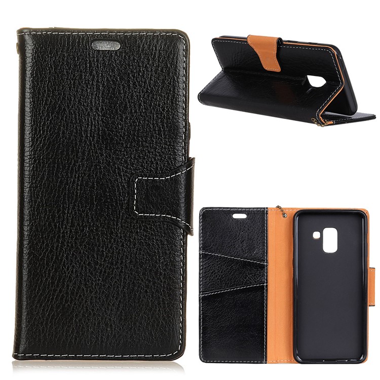 Crazy Horse Genuine Leather Wallet Cell Phone Cover for Samsung Galaxy A6 (2018) - Black-1