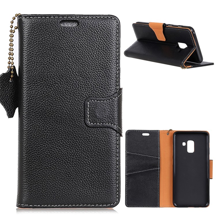 Litchi Skin Genuine Leather Folio Flip Cell Phone Cover for Samsung Galaxy A6 (2018) - Black-1