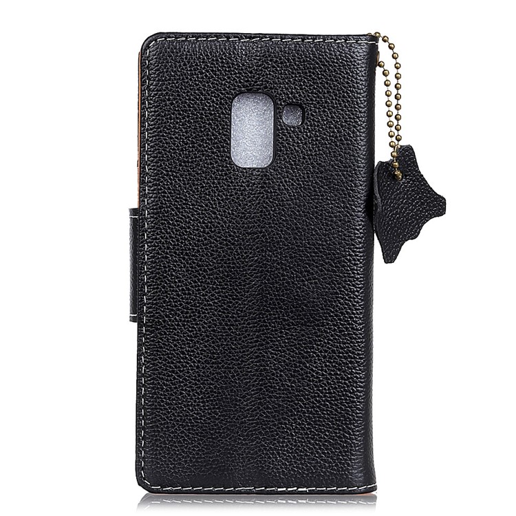 Litchi Skin Genuine Leather Folio Flip Cell Phone Cover for Samsung Galaxy A6 (2018) - Black-2