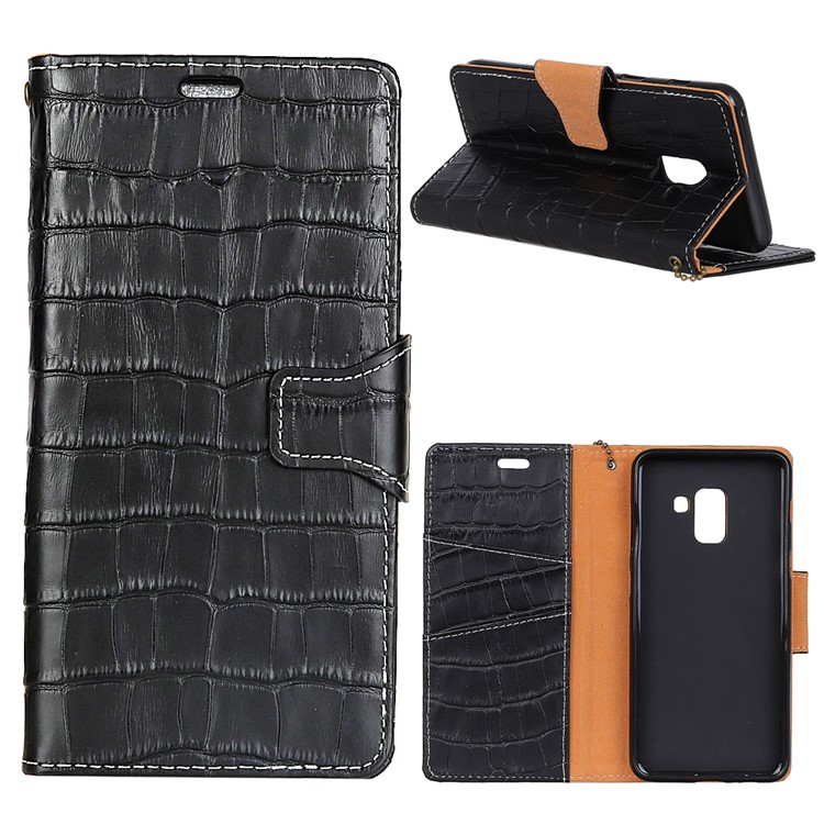For Samsung Galaxy A6 Plus (2018) Crocodile Texture Genuine Leather Wallet Case Accessory - Black-1