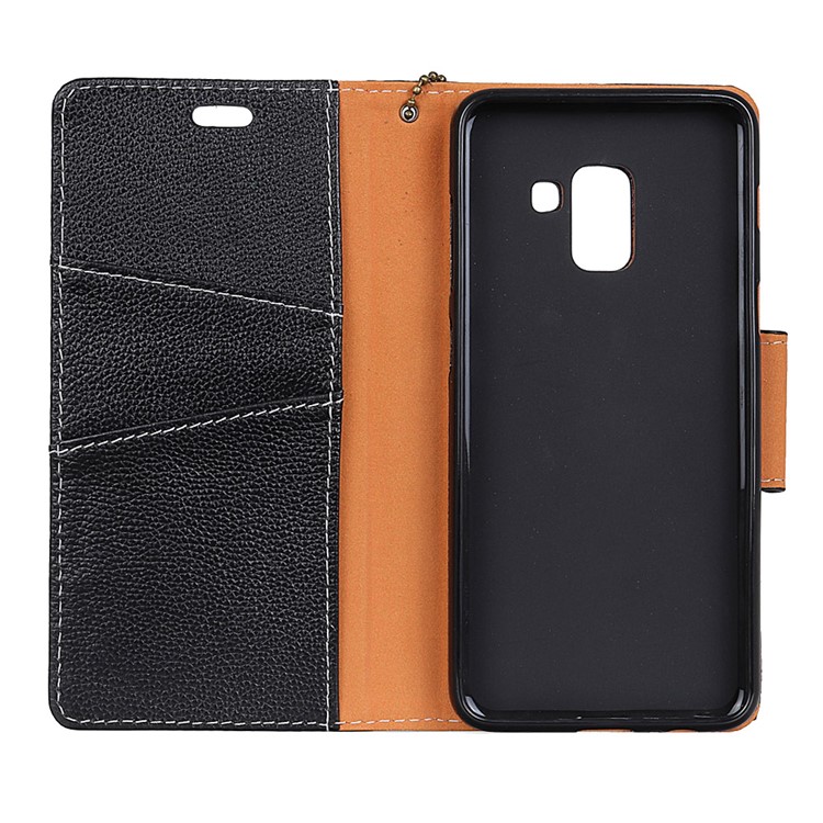 Litchi Grain Genuine Leather Wallet Stand Mobile Phone Case for Samsung Galaxy A6 Plus (2018) - Black-4