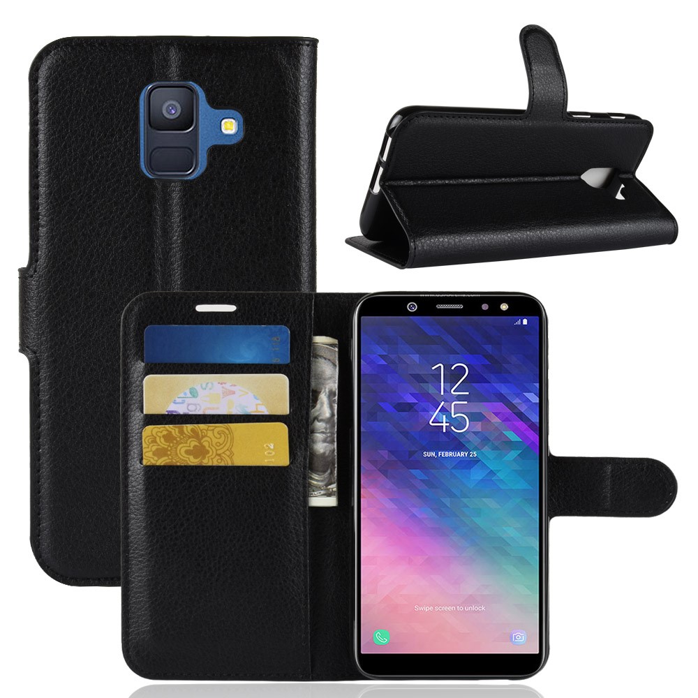 Litchi Skin Leder Brieftasche Hülle Telefonschale Für Samsung Galaxy A6 (2018) Verstellbares Stand Design Telefonzubehör - Schwarz