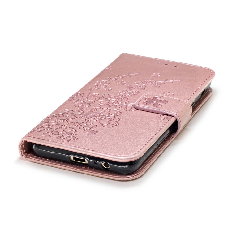 Imprinted Plum Blossom Leather Wallet Stand Case for Samsung Galaxy A8 (2018) - Rose Gold-4