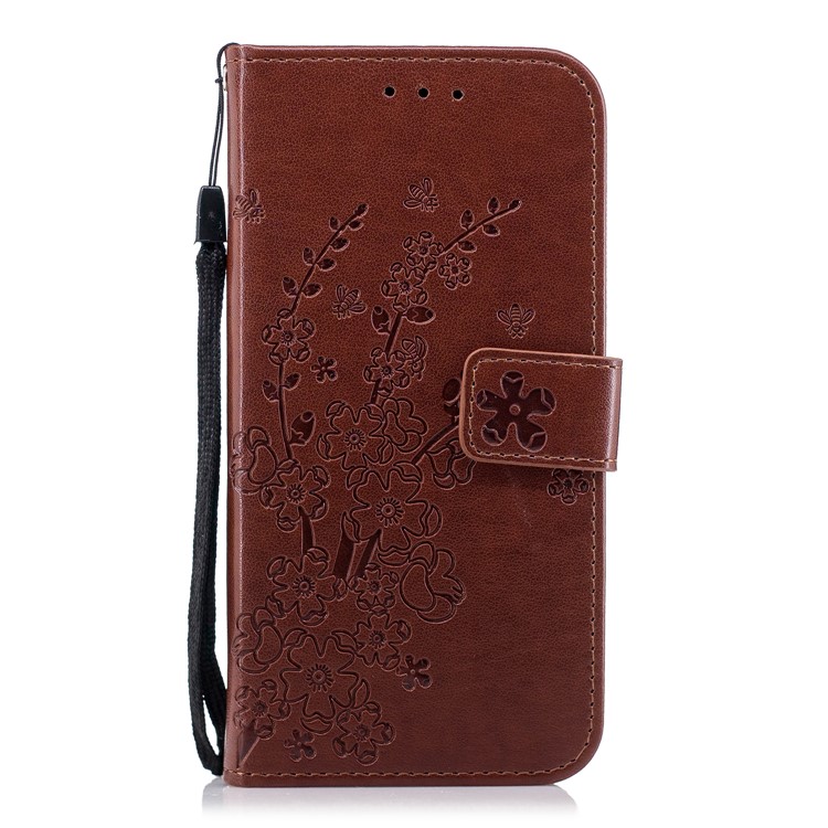 

Imprinted Plum Blossom Leather Wallet Cell Phone Shell for Samsung Galaxy A8 (2018) - Brown