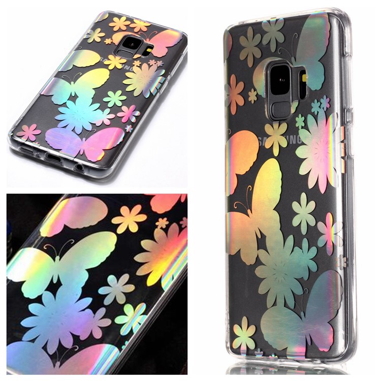 

For Samsung Galaxy S9 G960 Colorful Laser Carving Patterned TPU Cellphone Featherweight Casing - Butterflies and Flower, Galaxy S9