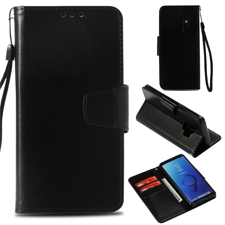 Vintage Oil Buffed Leather Stand Wallet Case for Samsung Galaxy S9 SM-G960 - Black-1