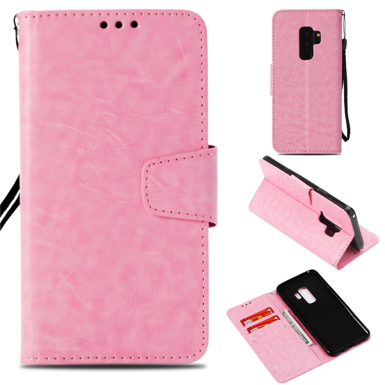 

Vintage Oil Buffed Leather Stand Wallet Phone Case for Samsung Galaxy S9 Plus SM-G965 - Pink