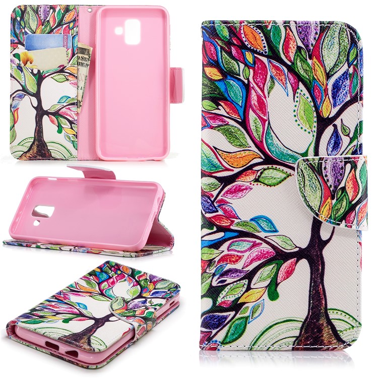 Pattern Printing PU Leather Wallet Phone Cover for Samsung Galaxy A6 (2018) - Colorized Tree-1