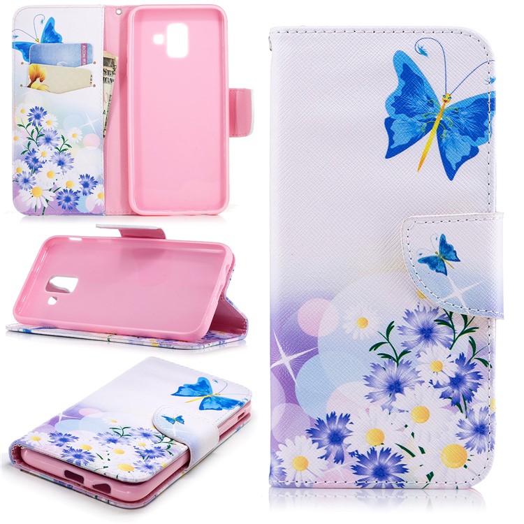 Pattern Printing PU Leather Wallet Phone Shell for Samsung Galaxy A6 (2018) - Blue Butterfly and Flowers-1