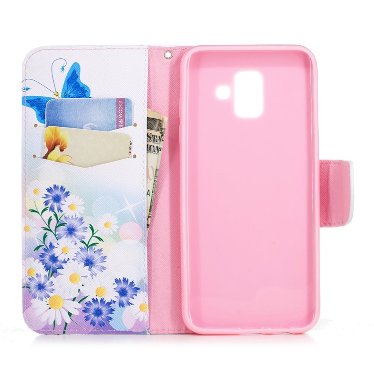 Pattern Printing PU Leather Wallet Phone Shell for Samsung Galaxy A6 (2018) - Blue Butterfly and Flowers-8