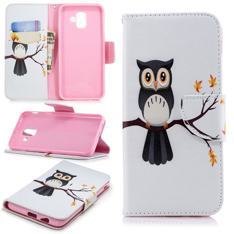 For Samsung Galaxy A6 (2018) Pattern Printing Leather Wallet Stand Case - An Owl Standing on Branch-1