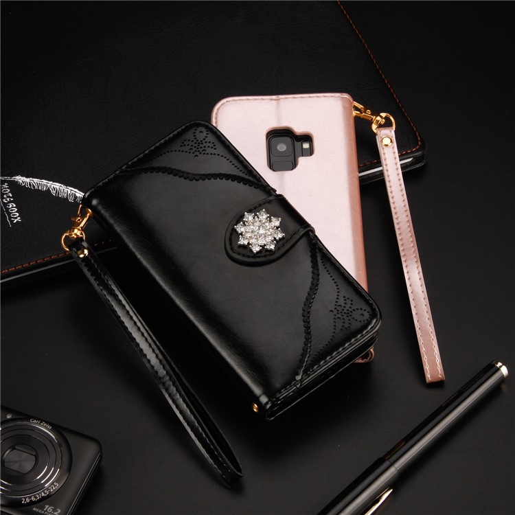 Retro Style Rhinestone Leather Wallet Case for Samsung Galaxy S9 SM-G960 - Black-5