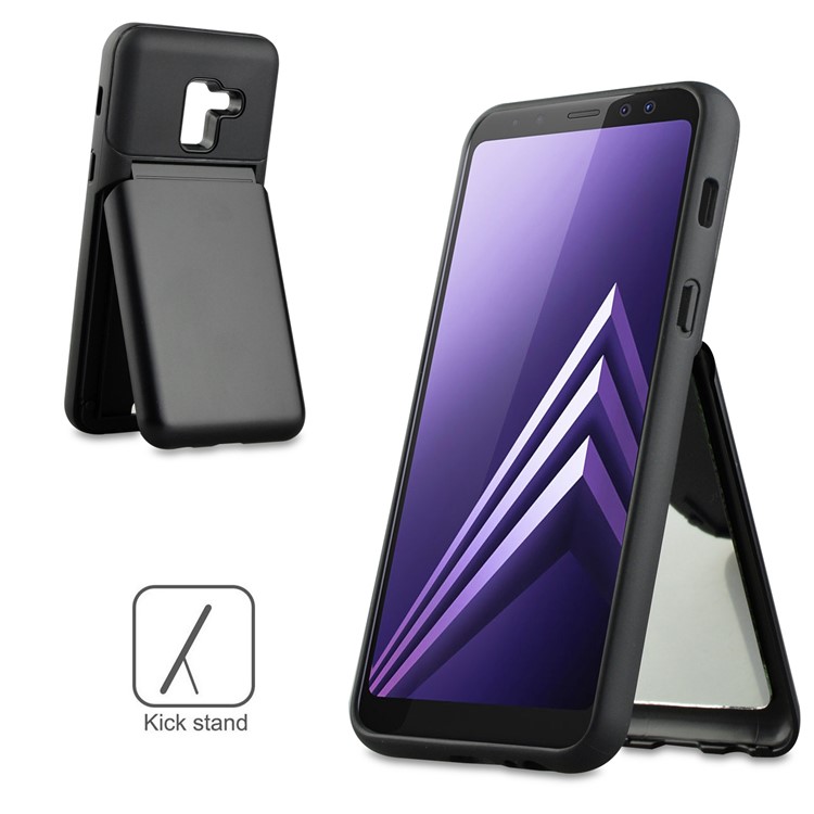 ANGIBABE Shockproof Heavy Duty PC + TPU Hybrid Card Holder Back Case with Kickstand Mirror for Samsung Galaxy A8 (2018) - Black-4