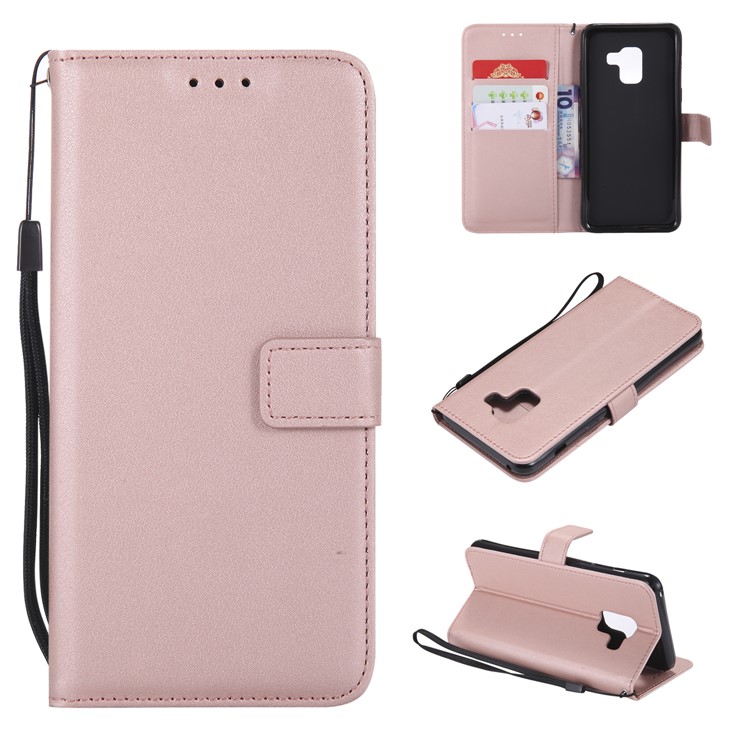 

Wallet Stand Magnetic Leather Flip Protective Shell with Strap for Samsung Galaxy A8+ (2018) - Rose Gold