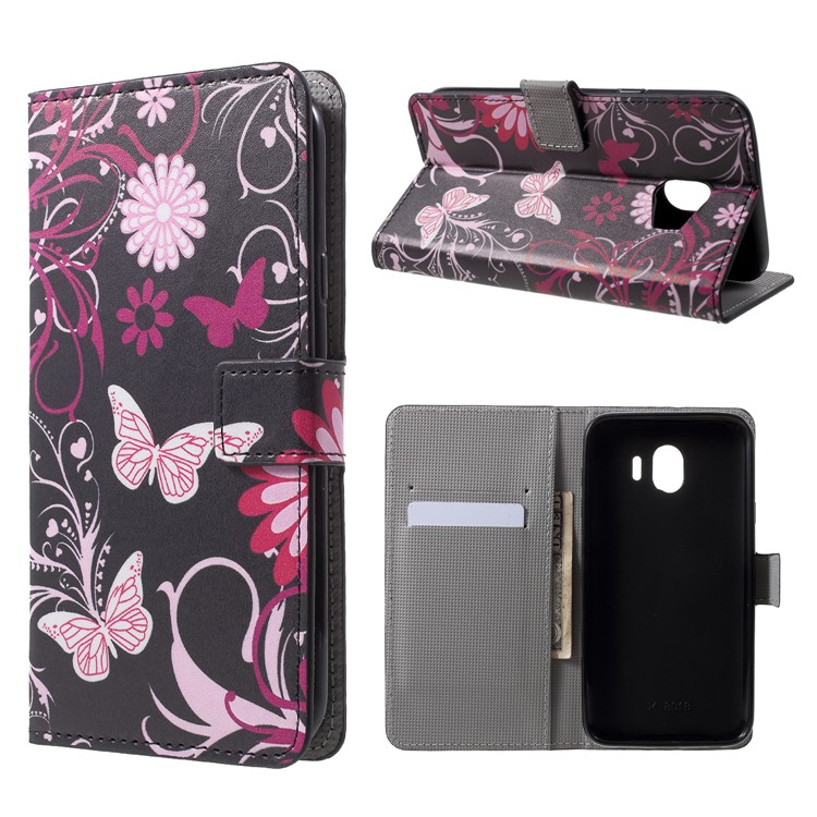 

Pattern Printing Leather Wallet Shell Case for Samsung Galaxy J4 (2018) - Butterfly and Flowers