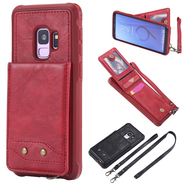 

PU leather Coated TPU Card Holder Cover with Kickstand for Samsung Galaxy S9 G960 with 2 Straps - Red