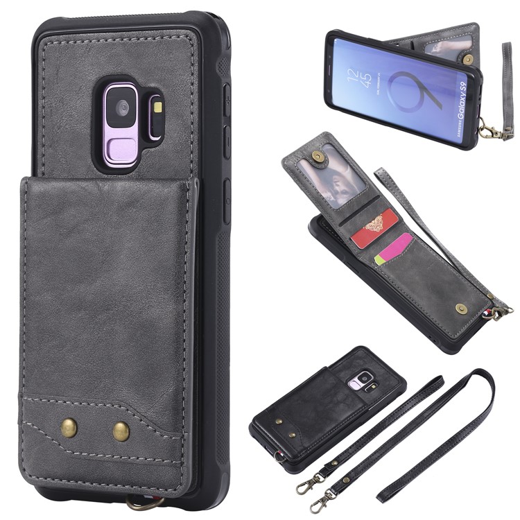 

PU leather Coated TPU Card Holder Phone Shell with Kickstand for Samsung Galaxy S9 G960 with 2 Straps - Grey