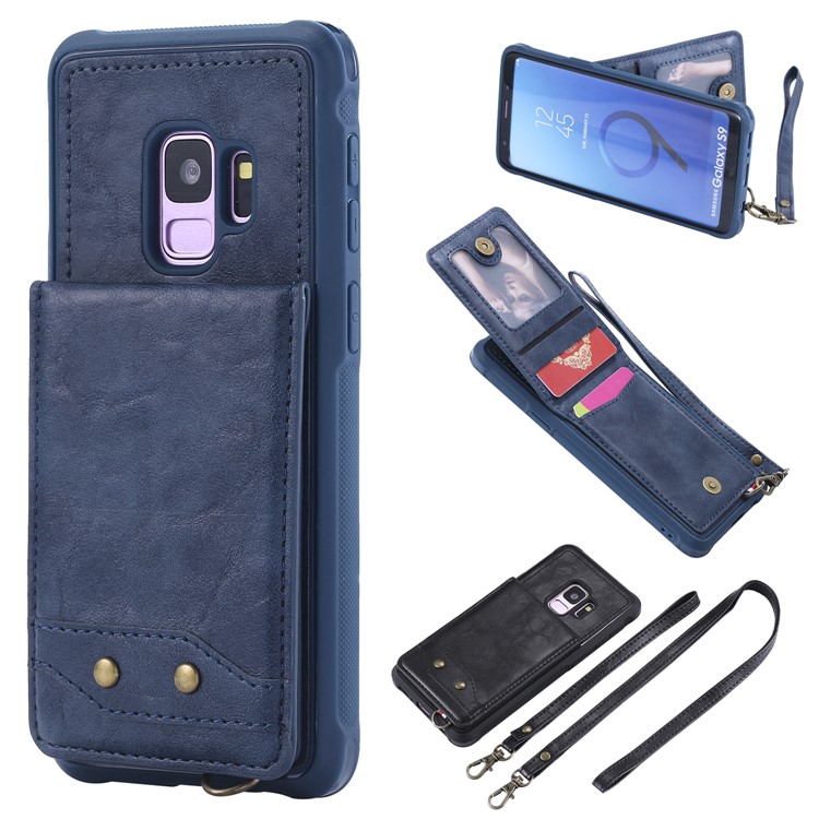 

PU leather Coated TPU Card Holder Phone Casing with Kickstand for Samsung Galaxy S9 G960 with 2 Straps - Blue