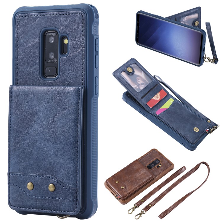 

PU leather Coated TPU Card Holder Mobile Shell with Kickstand for Samsung Galaxy S9 Plus SM-G965 with 2 Straps - Blue