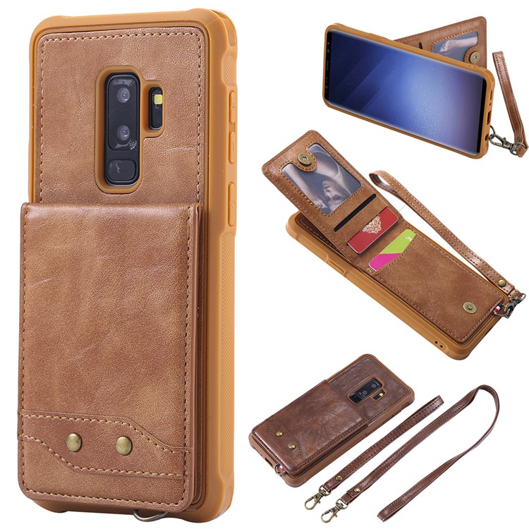 

PU leather Coated TPU Card Holder Protective Casing with Kickstand for Samsung Galaxy S9 Plus SM-G965 with 2 Straps - Brown