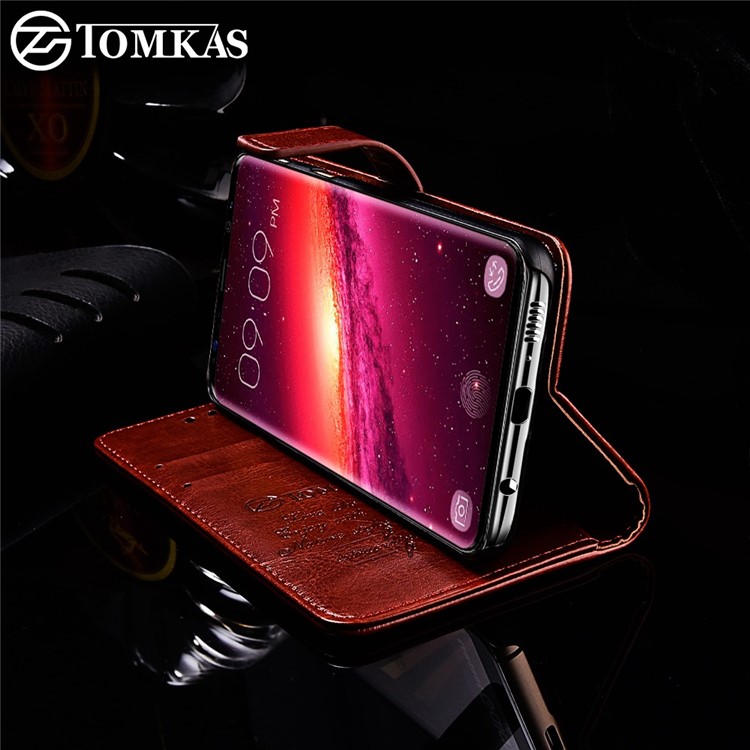 TOMKAS Retro Style Crazy Horse Leather Wallet Case for Samsung Galaxy S9+ SM-G965 - Brown-3