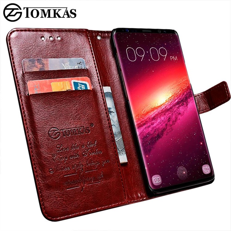 TOMKAS Retro Style Crazy Horse Leather Wallet Case for Samsung Galaxy S9+ SM-G965 - Brown-4