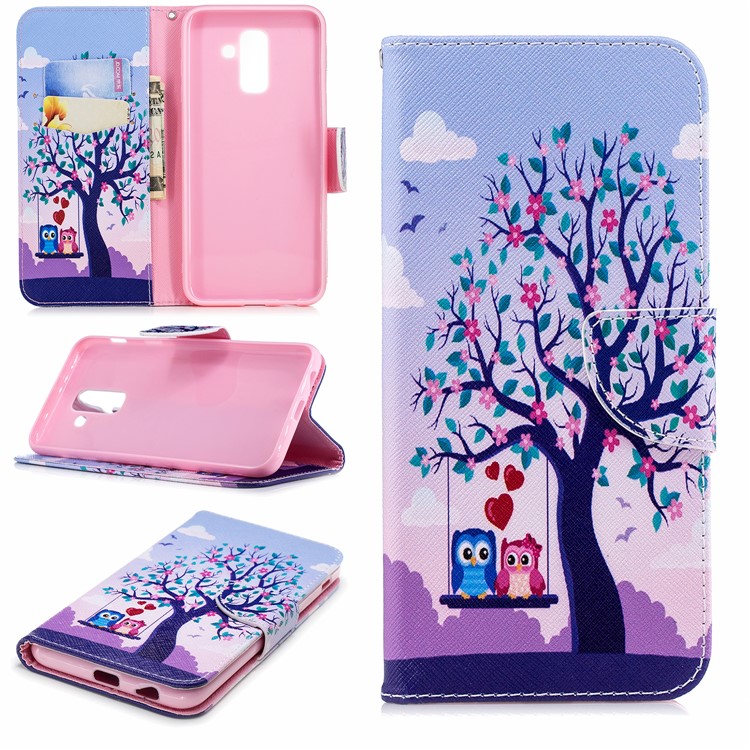 Pattern Printing Wallet Stand Leather Mobile Case for Samsung Galaxy A6 Plus (2018) / A9 Star Lite - Owls on Swing-1