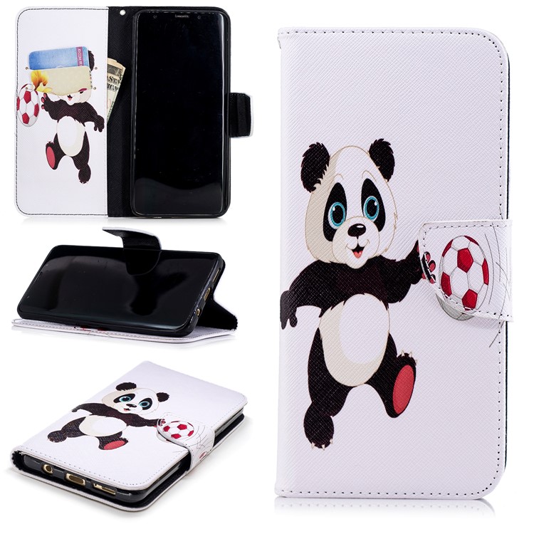 

For Samsung Galaxy S9+ G965 Pattern Printing Wallet Stand Leather Phone Shell - Panda Playing Football