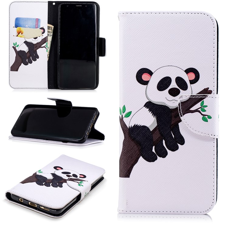 

For Samsung Galaxy S9+ G965 Pattern Printing Wallet Stand Leather Mobile Cover - Panda Climbing Tree