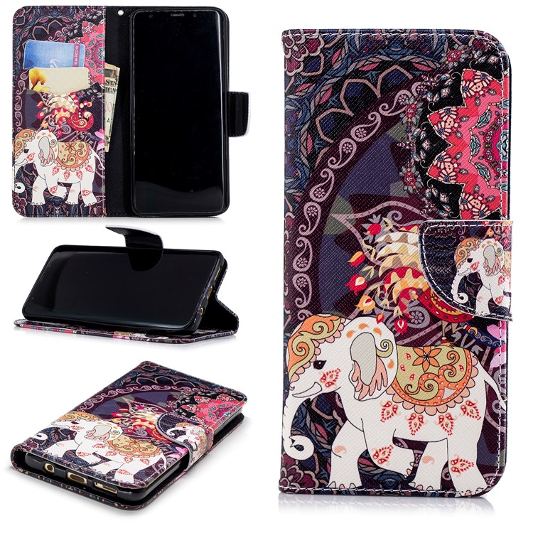 

For Samsung Galaxy S9+ G965 Pattern Printing Wallet Stand Leather Flip Cover Protector - Elephant and Peacock