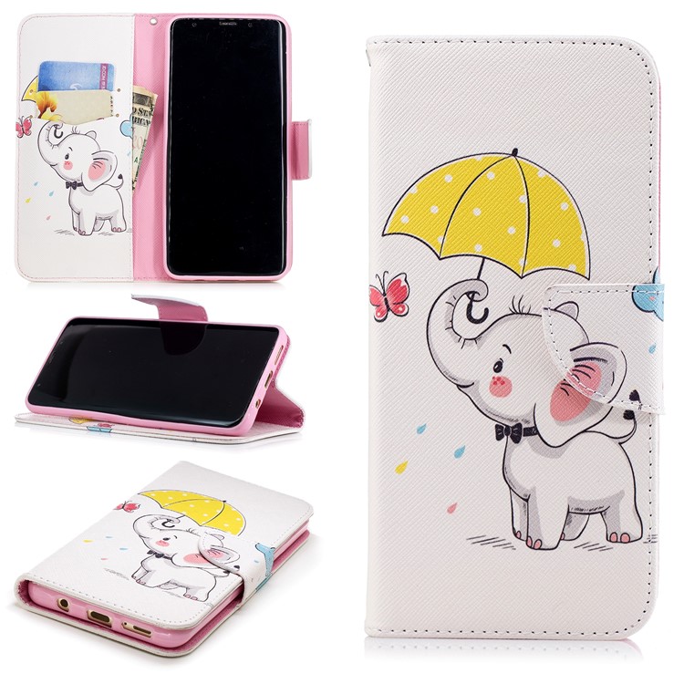 

For Samsung Galaxy S9+ G965 Pattern Printing Wallet Stand Leather Flip Case Accessory - Elephant Holding an Umbrella