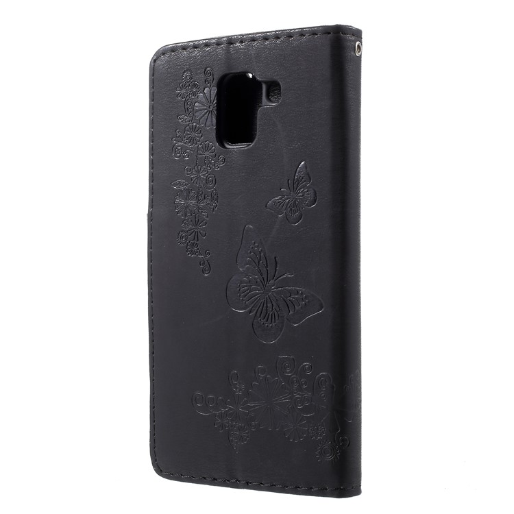 Imprint Butterfly Flowers Folio Wallet Leather Stand Case for Samsung Galaxy J6 (2018) - Black-3