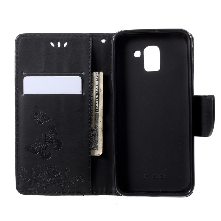 Imprint Butterfly Flowers Folio Wallet Leather Stand Case for Samsung Galaxy J6 (2018) - Black-5