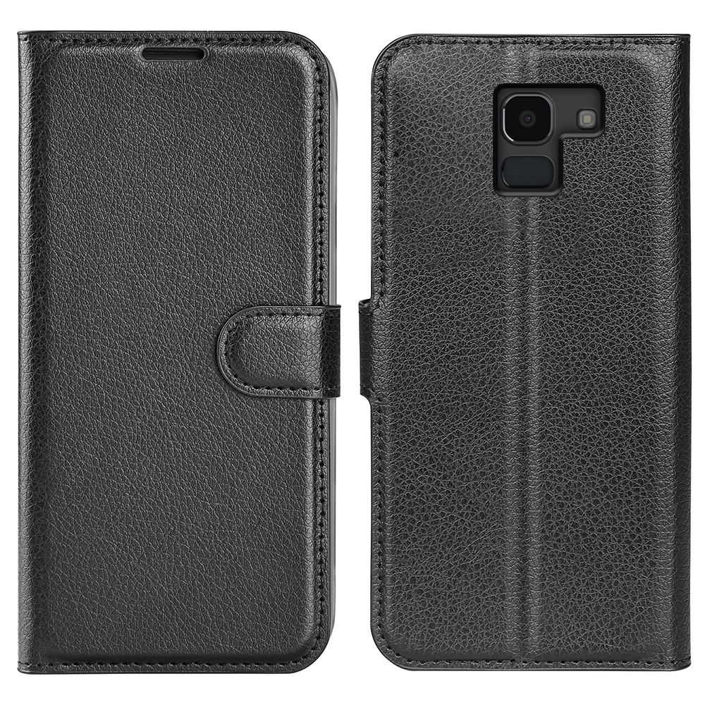 Litchi Skin Leather Stand Cover Com Slots de Cartão Para o Samsung Galaxy J6 (2018) Fechamento do Fecho Magnético - Preto