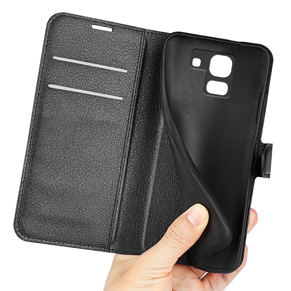 Litchi Skin Leather Stand Cover Con Ranuras Para Tarjetas Para Samsung Galaxy J6 (2018) Cierre de Cierre Magnético - Negro-5