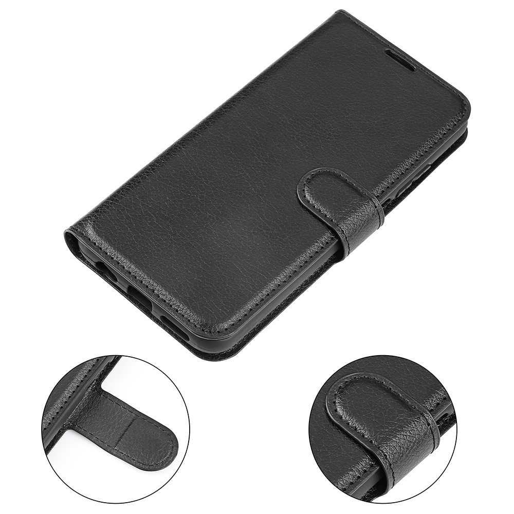 Litchi Skin Leather Stand Cover Com Slots de Cartão Para o Samsung Galaxy J6 (2018) Fechamento do Fecho Magnético - Preto